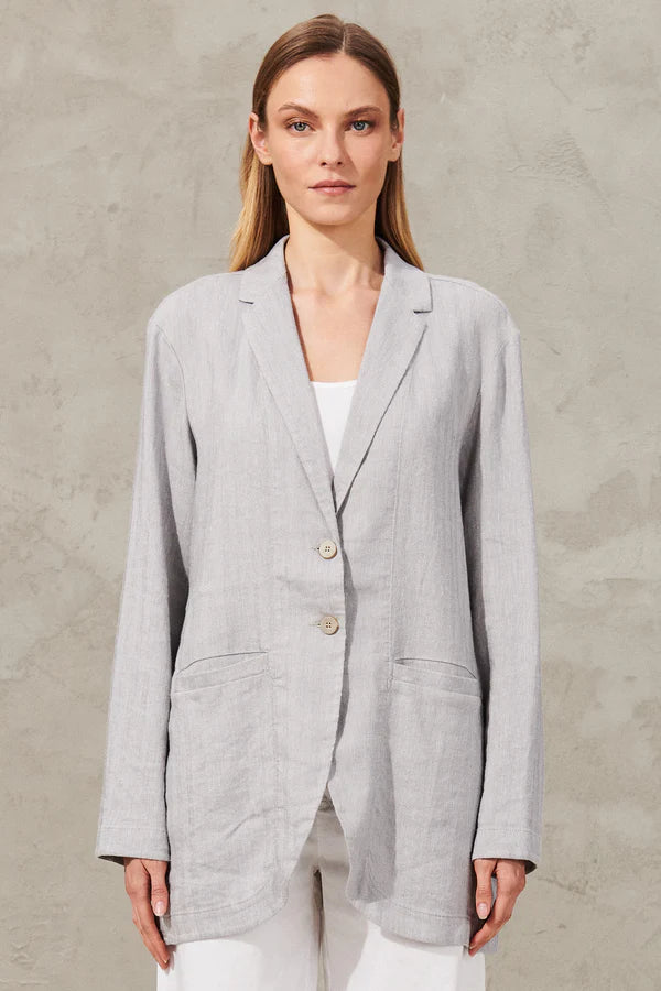 2-button long comfort fit jacket in herringbone linen and stretch viscose light grey