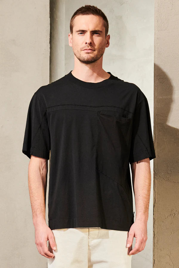 Oversized t-shirt in cotton jersey and poplin with knit insert and big patch pocket