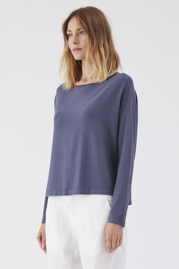Long sleeve over shirt boat neckline in light stretch ribbed modal