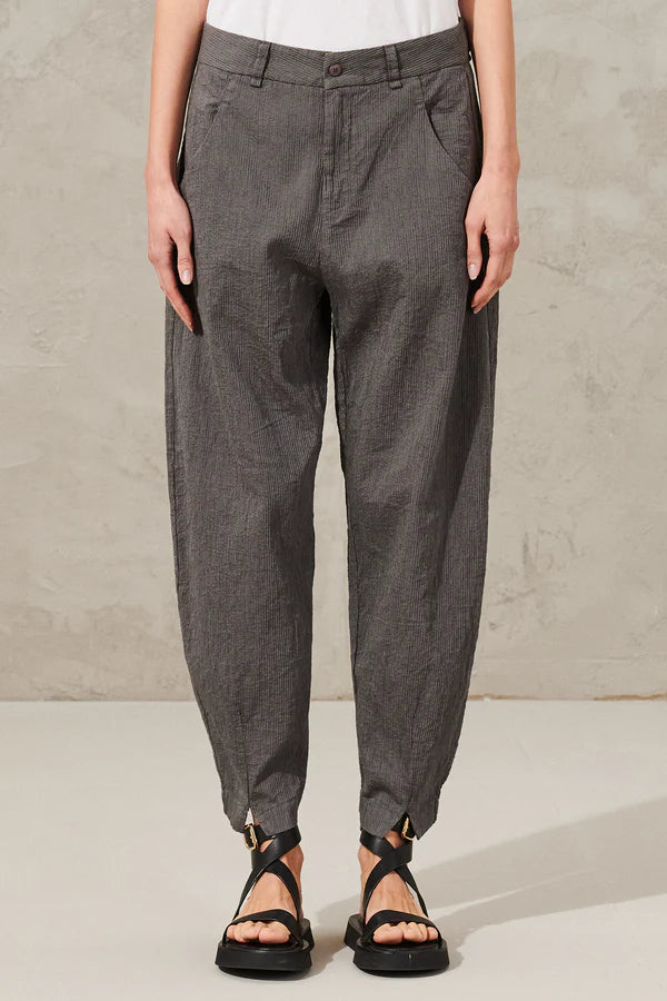 Comfort fit trousers in embossed micro pinstripe cotton and linen