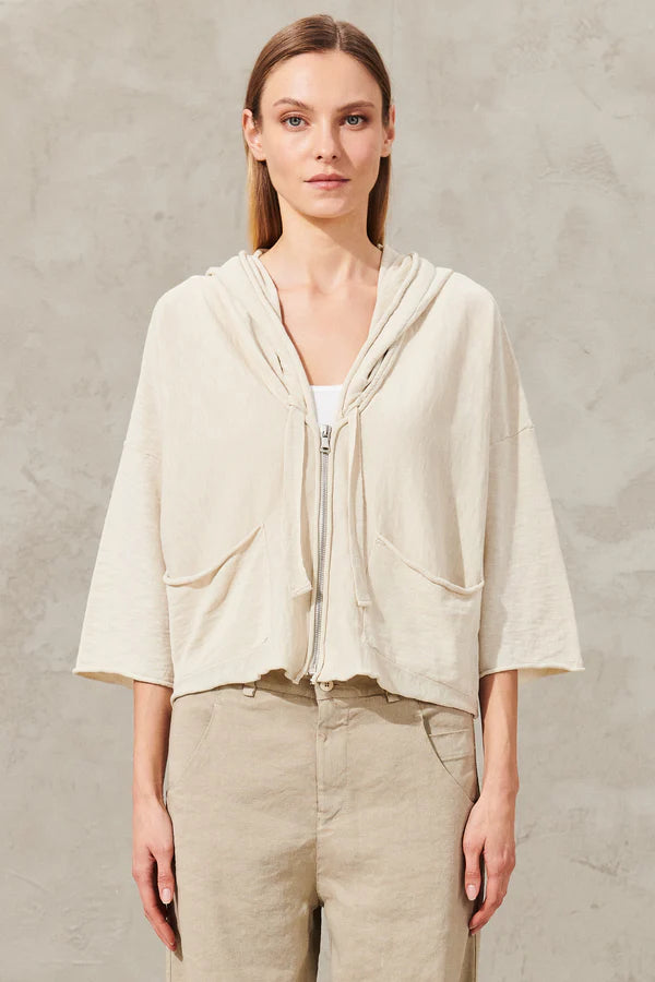 Hooded jacket in slub cotton knit ivory