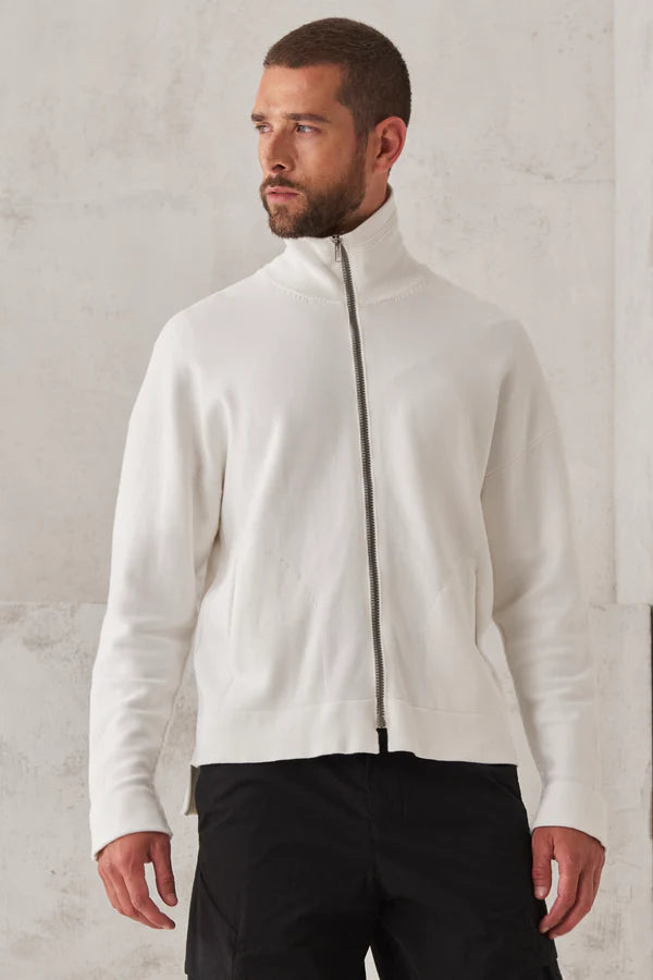 Cotton stocking stitch oversize zipped knit jacket. longer rear bottom.