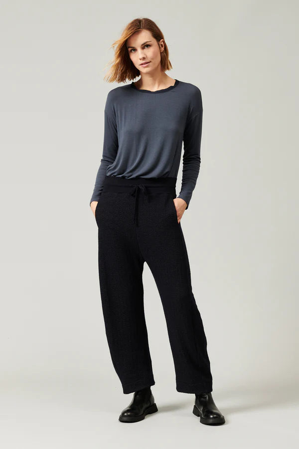 Micro-patterned jacquard wool blend knitted trousers Navy Blue