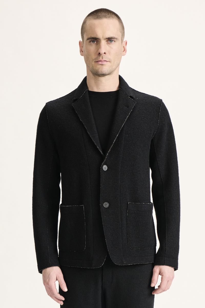 Regular-fit jacket in double-faced wool and viscose with herringbone design and and raw-cut edges