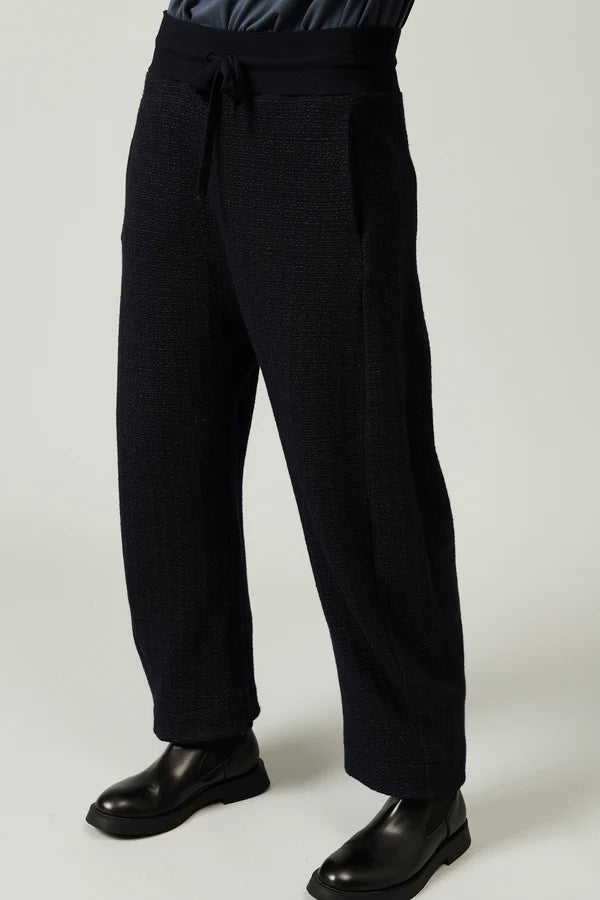 Micro-patterned jacquard wool blend knitted trousers Navy Blue