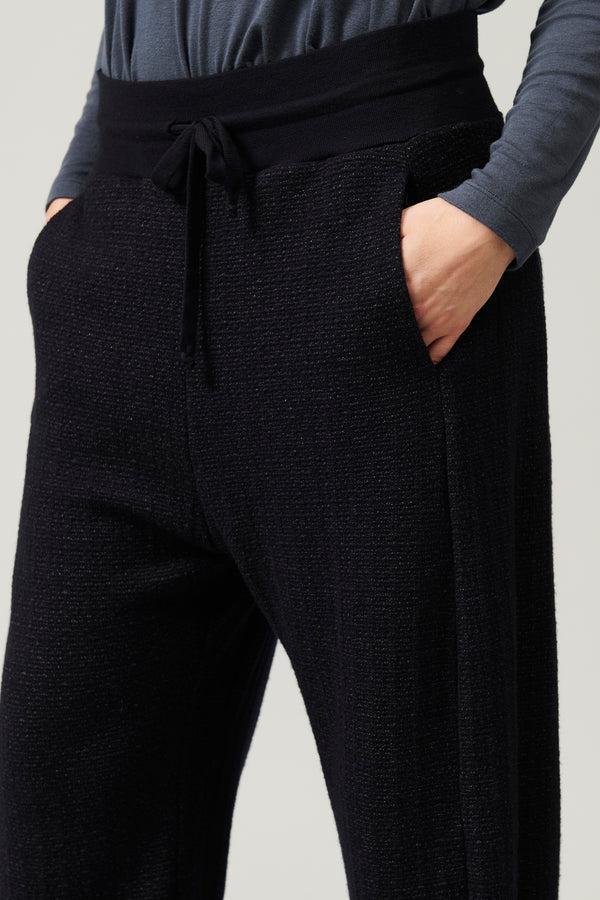 Micro-patterned jacquard wool blend knitted trousers Navy Blue