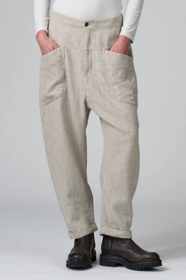 Low crotch comfort fit trousers with elastic on the back in herringbone stretch wool blend