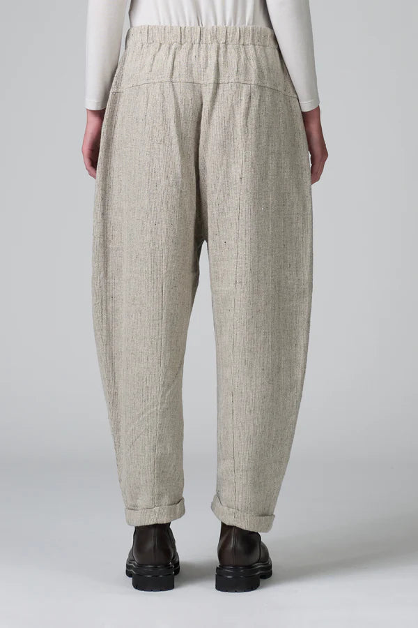 Low crotch comfort fit trousers with elastic on the back in herringbone stretch wool blend