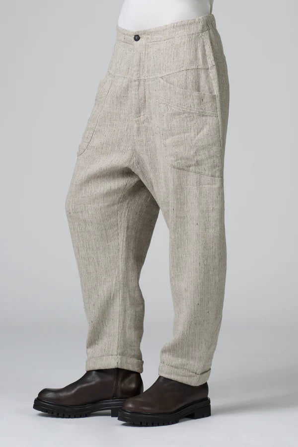 Low crotch comfort fit trousers with elastic on the back in herringbone stretch wool blend