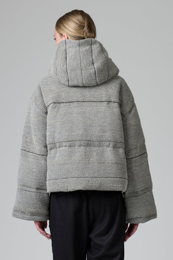 Short knitted hooded real down duvet in striped pattern