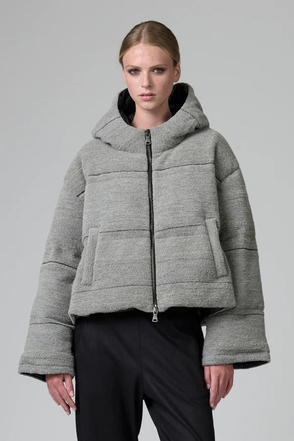 Short knitted hooded real down duvet in striped pattern