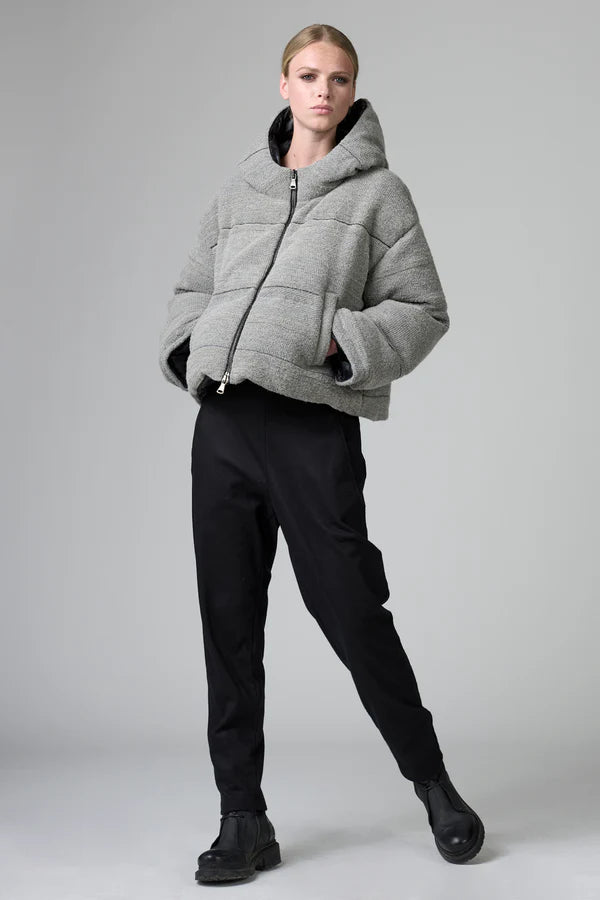 Short knitted hooded real down duvet in striped pattern