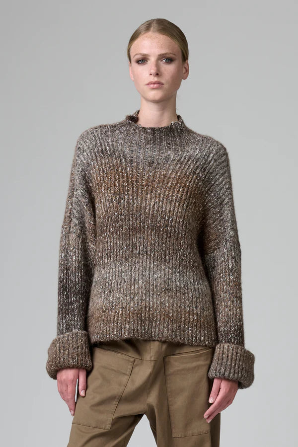 Turtleneck oversize knit with dropped shoulder in alpaca blend two-tone banding and turned-up cuffs