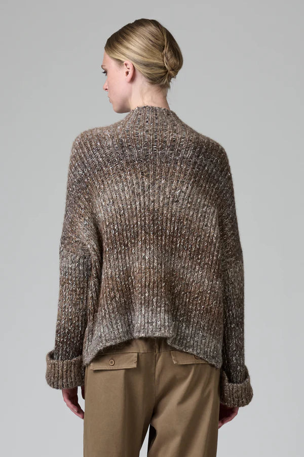 Turtleneck oversize knit with dropped shoulder in alpaca blend two-tone banding and turned-up cuffs