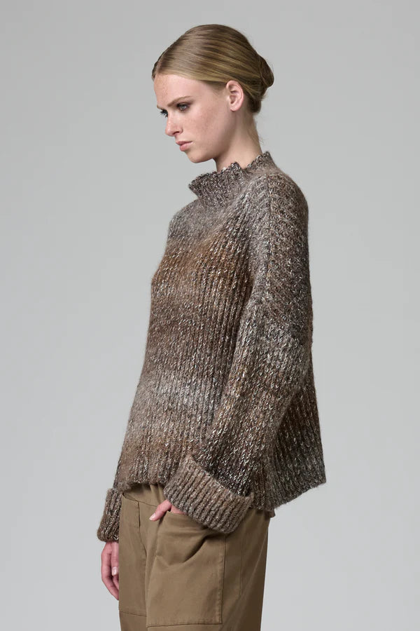 Turtleneck oversize knit with dropped shoulder in alpaca blend two-tone banding and turned-up cuffs