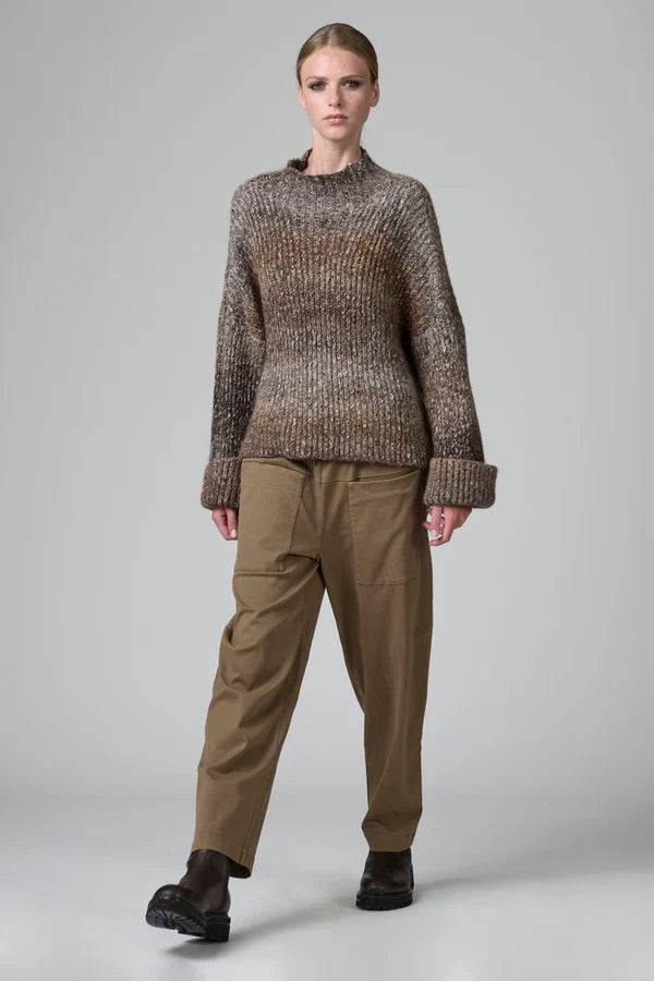 Turtleneck oversize knit with dropped shoulder in alpaca blend two-tone banding and turned-up cuffs