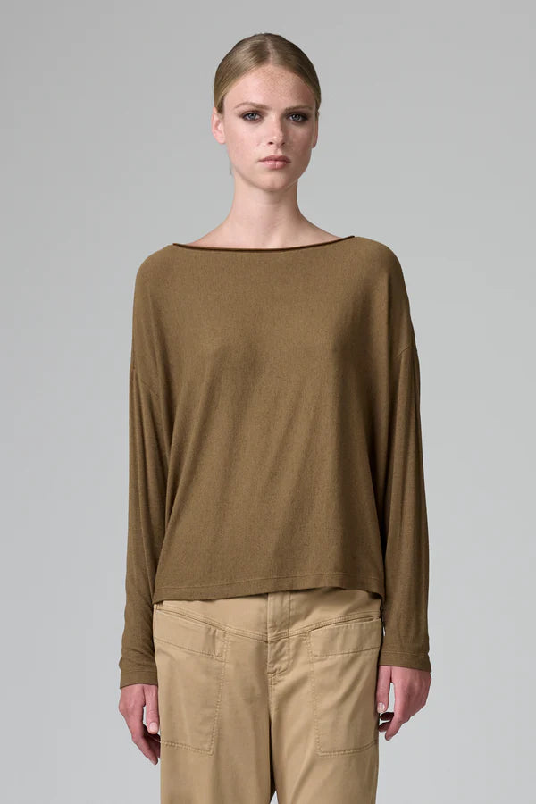 Oversize t-shirt in ribbed modal and cashemere jersey with buttoned back opening toffee