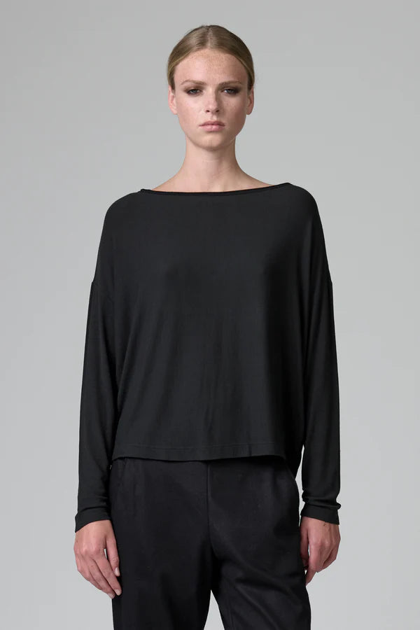 Oversize t-shirt in ribbed modal and cashemere jersey with buttoned back opening black