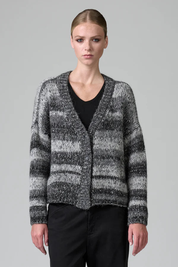 Oversize cardigan with dropped shoulder in alpaca blend with two-tone banding