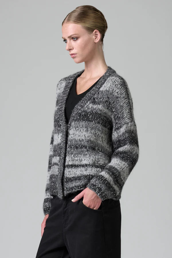 Oversize cardigan with dropped shoulder in alpaca blend with two-tone banding
