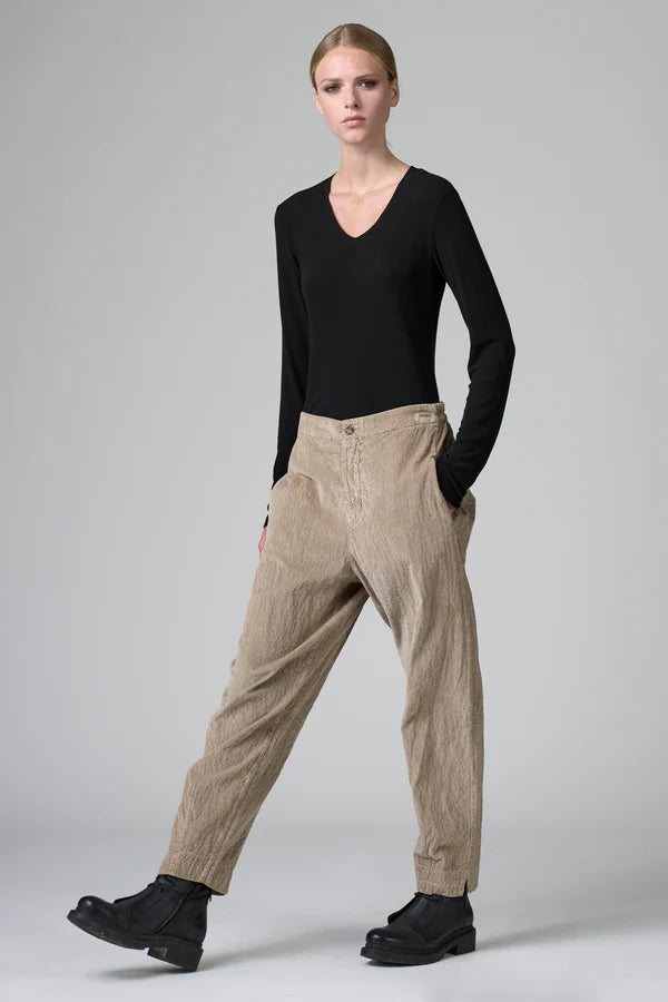 Regular fit trousers in slightly embossed viscose and cotton stretch fine ribbed velour