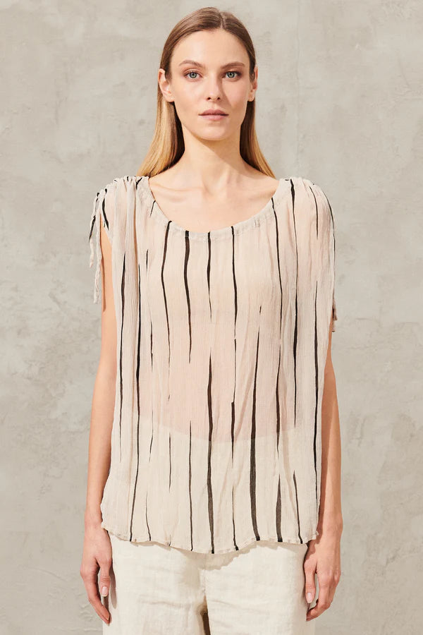 Printed striped viscose creponne flared tank top with gathered neck and shoulders
