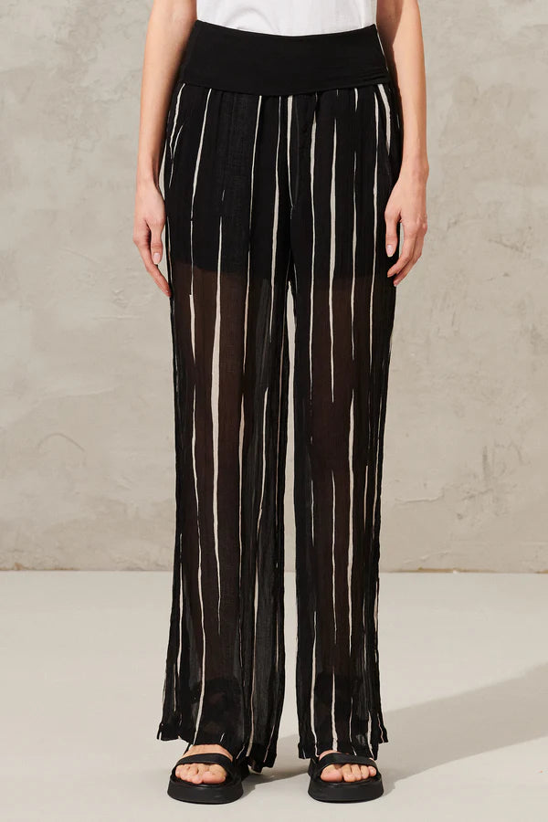 Printed striped viscose palazzo trousers with viscose stretch jersey band. lined with coulotte