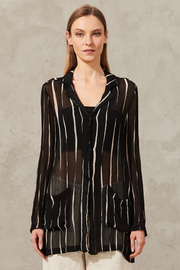 Jacket with lapels long sleeve in printed striped viscose creponne