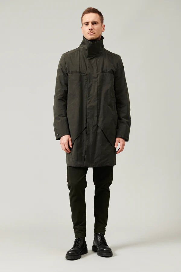 Cotton and nylon water-repellent trench coat. ribbed wool knit collar and cotton canvas inserts