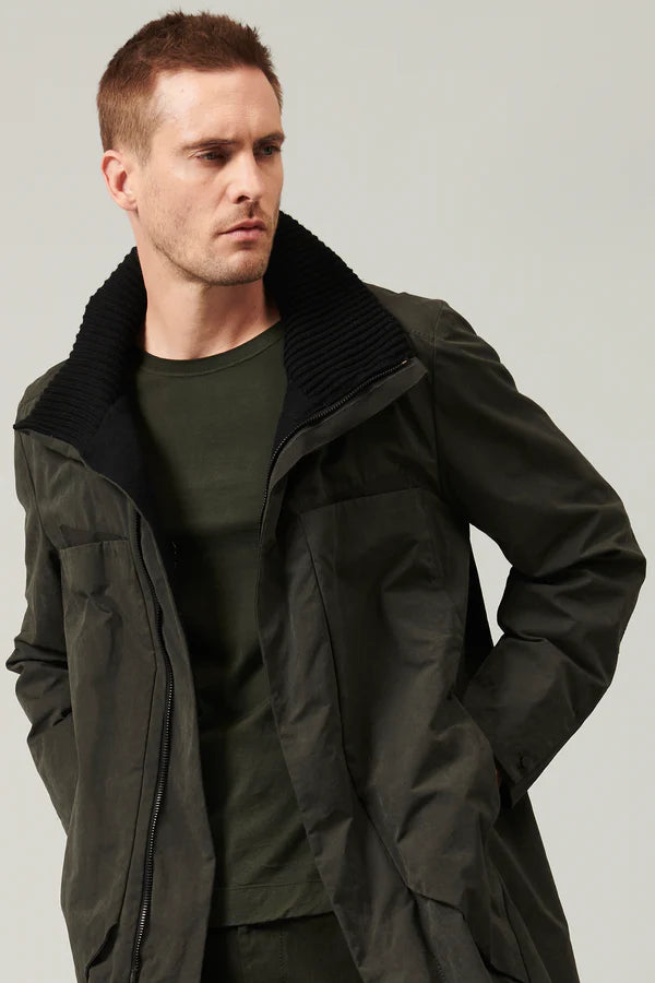 Cotton and nylon water-repellent trench coat. ribbed wool knit collar and cotton canvas inserts