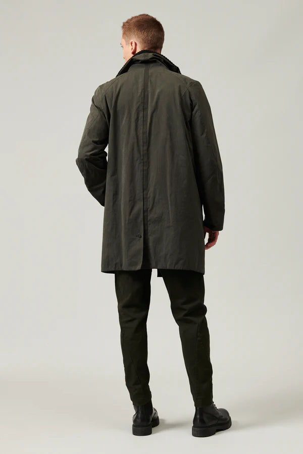 Cotton and nylon water-repellent trench coat. ribbed wool knit collar and cotton canvas inserts