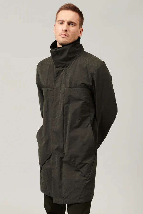 Cotton and nylon water-repellent trench coat. ribbed wool knit collar and cotton canvas inserts