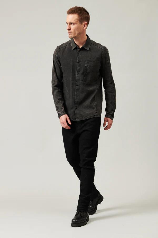 Fade denim look regular-fit shirt in micro-weave cotton and linen fabric with patch pocket