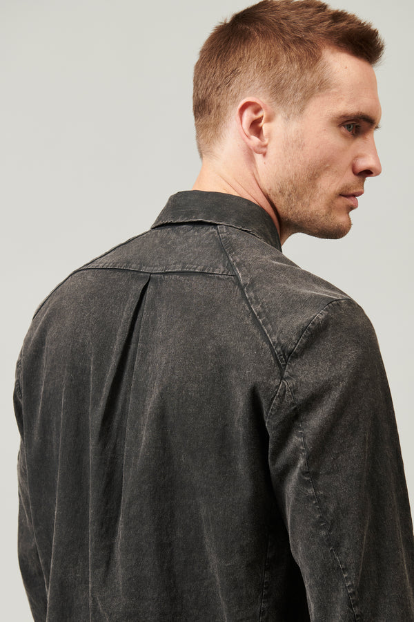 Fade denim look regular-fit shirt in micro-weave cotton and linen fabric with patch pocket