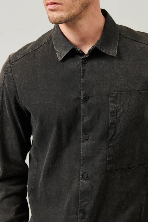 Fade denim look regular-fit shirt in micro-weave cotton and linen fabric with patch pocket