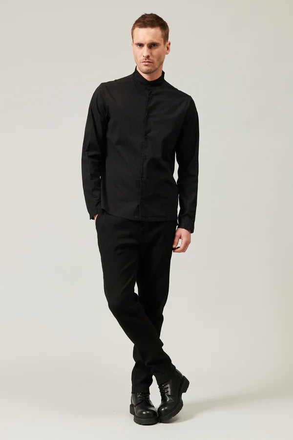 Mao neck regular fit shirt in stretch cotton poplin with knitted insert