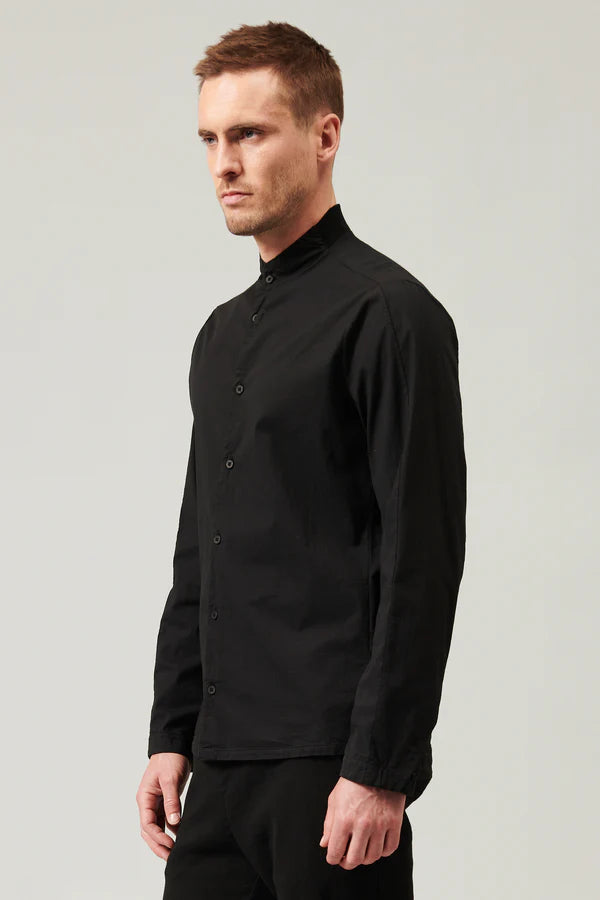 Mao neck regular fit shirt in stretch cotton poplin with knitted insert