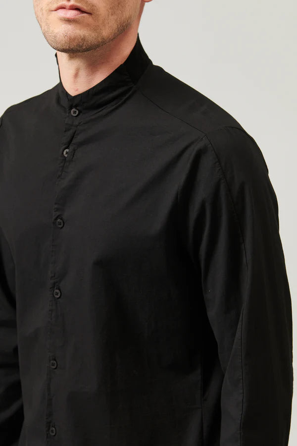 Mao neck regular fit shirt in stretch cotton poplin with knitted insert