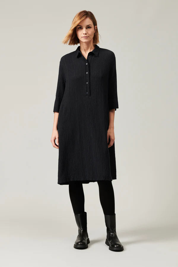 Flared midi dress in embossed pinstripe wool blend navy blue