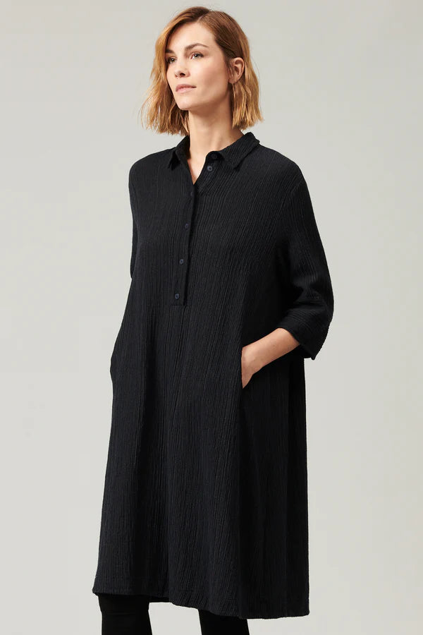 Flared midi dress in embossed pinstripe wool blend navy blue