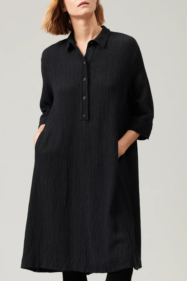 Flared midi dress in embossed pinstripe wool blend navy blue