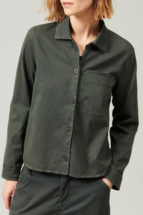 Shirt/jacket in stretch cotton satin dark green