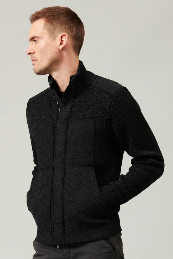 Cabl� virgin wool zipped knitted jacket with raw cut boiled wool inserts black