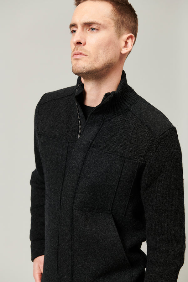 Cabl� virgin wool zipped knitted jacket with raw cut boiled wool inserts black