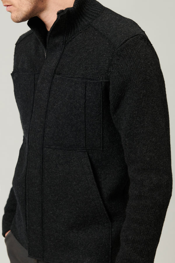 Cabl� virgin wool zipped knitted jacket with raw cut boiled wool inserts black