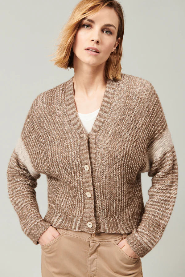 Cardigan in wool and alpaca with contrasting colour striping camel