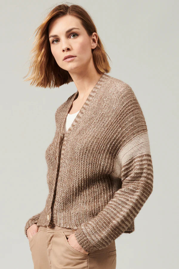 Cardigan in wool and alpaca with contrasting colour striping camel