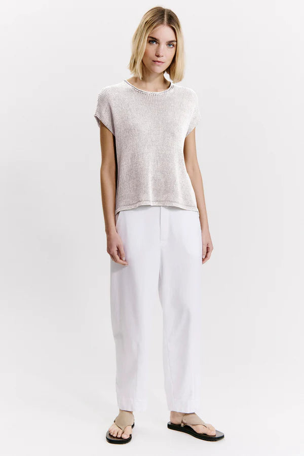 Boxy shape t-shirt in cotton-linen blend melange knit ribbon