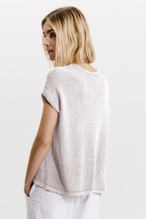 Boxy shape t-shirt in cotton-linen blend melange knit ribbon