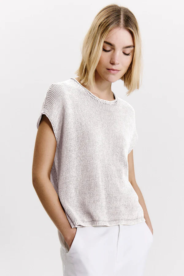 Boxy shape t-shirt in cotton-linen blend melange knit ribbon